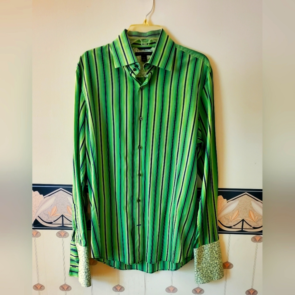 Banana Republic Green Striped Casual Button Down Shirt Size L-16 - 16.5
